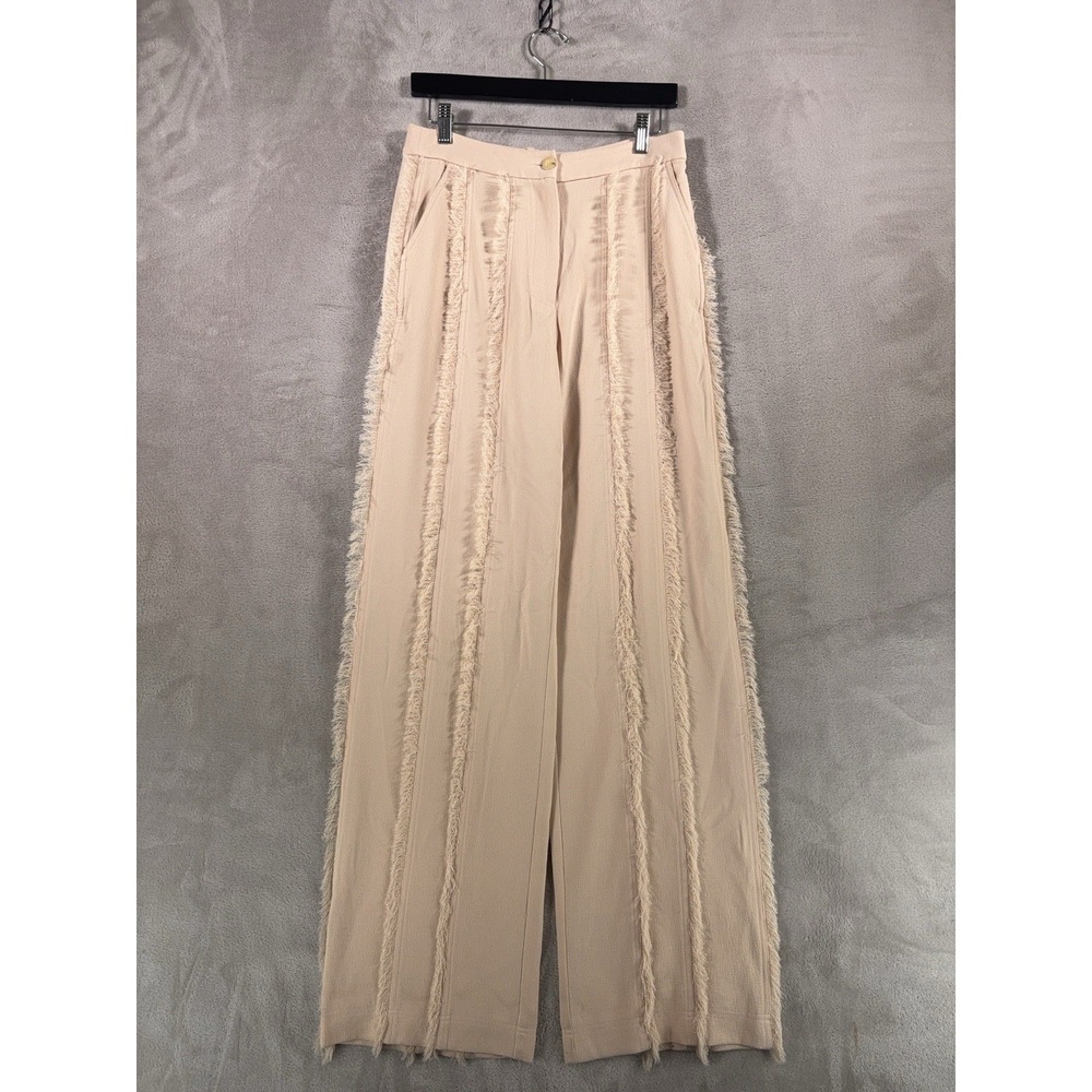 Jonathan Simkhai Emory Almond Pants Womens 4 Nude Fringe Wide Leg High Rise